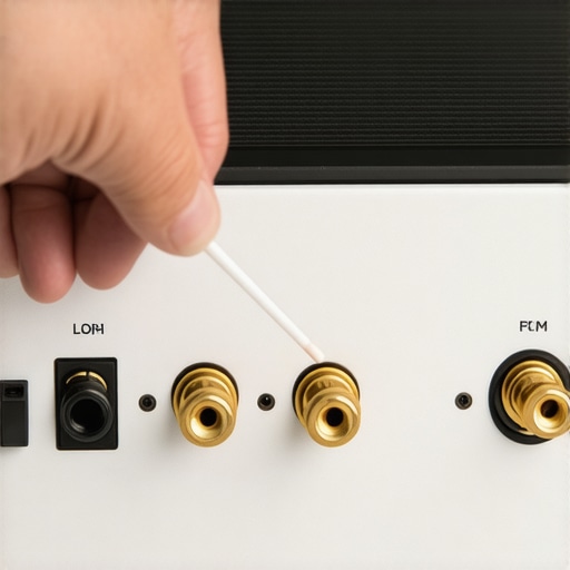 A person cleaning oxidized gold-plated RCA connectors on a stereo amplifier.