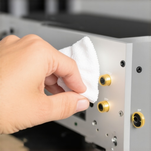 A person cleaning the connectors of a home theater receiver to maintain audio quality