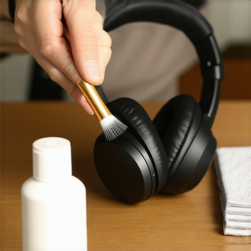 Close-up of audiophile cleaning headphone drivers with a soft brush and contact cleaner