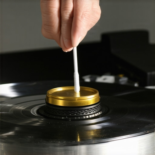 Hands cleaning a record player motor pulley with alcohol to prevent belt slipping.