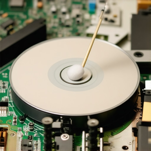 A macro shot of a cotton swab cleaning a tiny glass laser lens inside a CD player assembly.