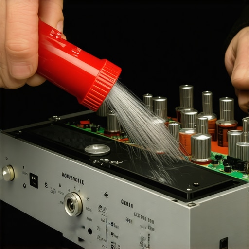 Cleaning vintage audio components with contact cleaner Close up of a technician cleaning a vintage stereo receiver's internal volume pot with contact cleaner spray.