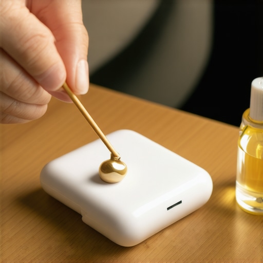 Cleaning wireless earbud charging contacts A person cleaning the gold contacts of a wireless earbud with a toothpick and cloth