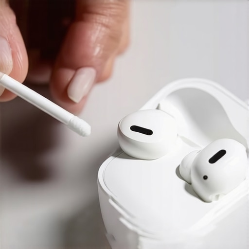 Close-up of cleaning earbud pins with alcohol