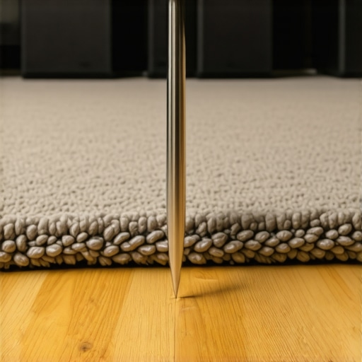 Close-up of speaker spike installation A metal speaker spike piercing through carpet to reach the subfloor for stability.