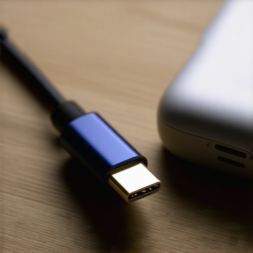 Close up of a USB-C charging cable connector next to an earbud charging case