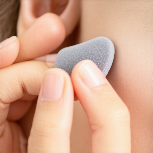 A close-up of fingers squeezing a memory foam earbud tip to prepare for insertion.