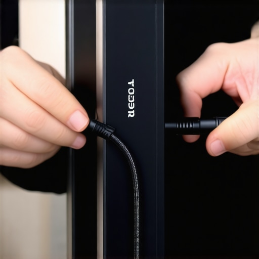 Close up of a hand plugging a gold-plated HDMI cable into a TV HDMI ARC port