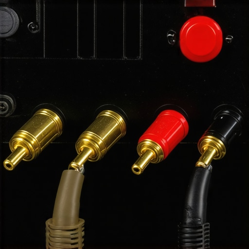 Connecting speaker wire to a stereo amplifier A close up of speaker wire banana plugs inserting into amplifier terminals.