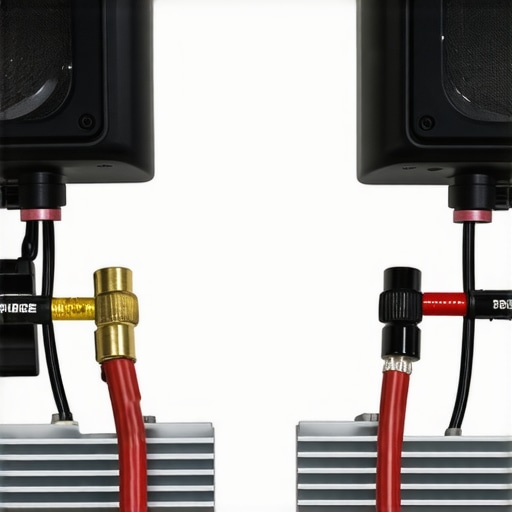 Close-up of car amplifier terminals showing bridged wiring configuration.