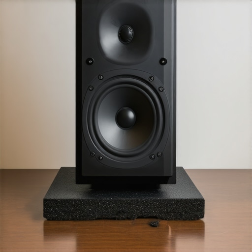 Studio monitor on an isolation pad with space between the speaker and the wall