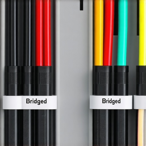 Close up of a car amplifier showing bridged speaker wire connections