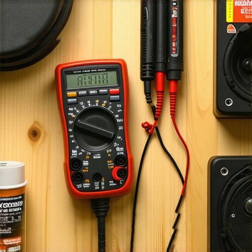Multimeter and cleaning tools on a workbench for maintaining DIY home audio speakers