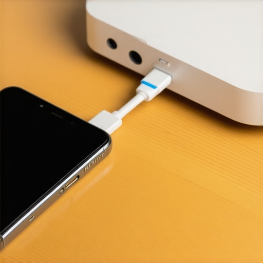 Close up of a smartphone connected to a DAC with labeled cables for an audio setup.