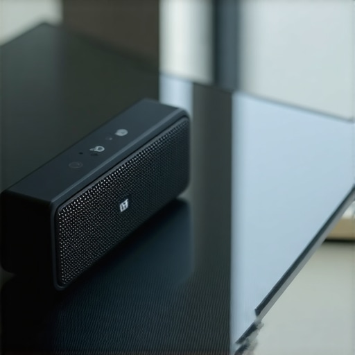 Decoupling a portable speaker from glass A portable speaker decoupled from a reflective glass table using a thick mousepad to improve bass response.