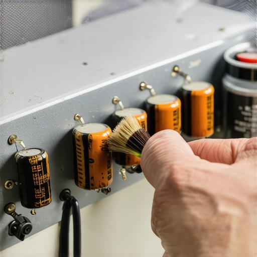A detailed shot of manual maintenance being performed on the internal circuitry of a vintage home audio amplifier.