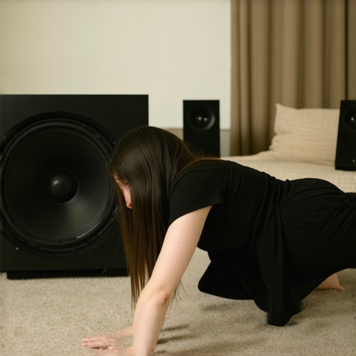 A man crawling on the floor to find the best bass response while the subwoofer is positioned on his seating area.