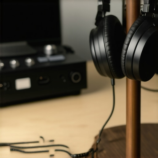 A heavy brass cable anchor keeping a premium headphone cable straight on a wooden desk