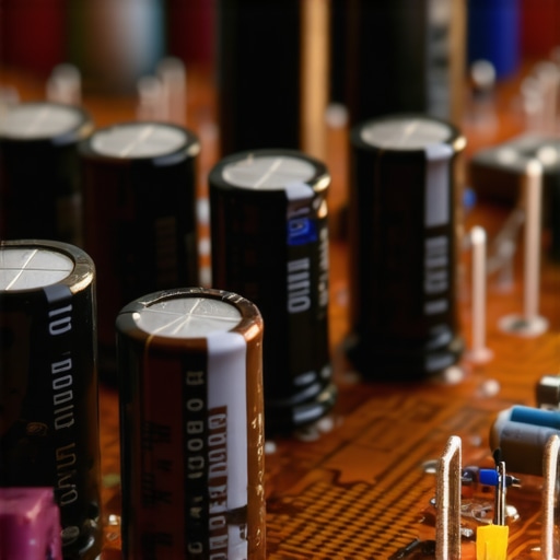 Detailed internal circuitry of a high-performance audio amplifier A macro view of the electronic components and capacitors inside a high-end audio amplifier showing power delivery systems.