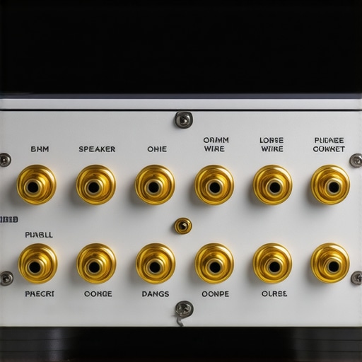 Close-up of audio amplifier rear panel showing ohm ratings and gold-plated speaker connectors