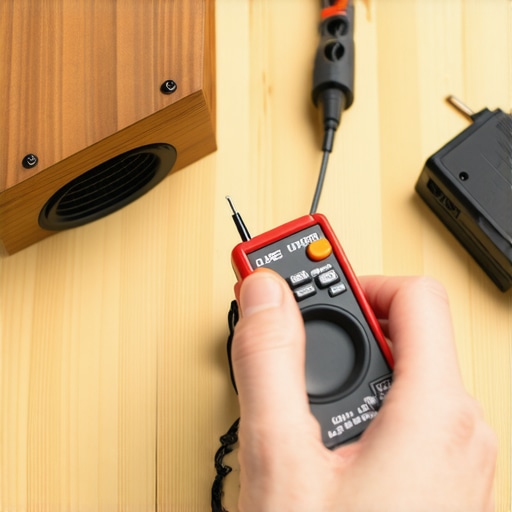 A technician testing the resistance of a speaker tweeter using a multimeter to check for a broken voice coil.