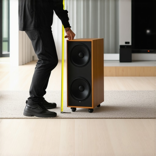 A person measuring the distance between a high-end speaker and a wall in a large room to improve bass response.