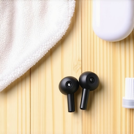 Earbud cleaning tools on wooden desk An organized setup of micro-driver cleaning tools including putty, microfiber cloth, and a soft brush next to wireless earbuds