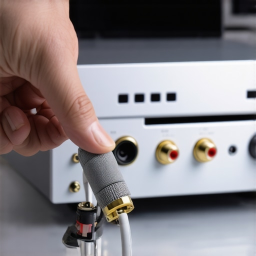 Effective Audio Cable Management for Noise Reduction A person organizing audio cables and ground wires on the back of a stereo receiver to stop speaker humming.