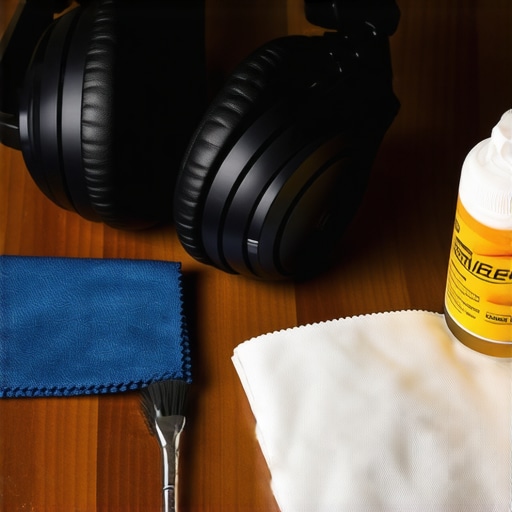 Essential Audio Maintenance Kit Audio cleaning tools and headphones on a desk