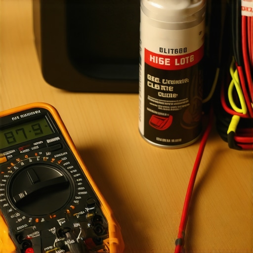 Essential Audio Maintenance Tools A digital multimeter and contact cleaner being used for amplifier maintenance.
