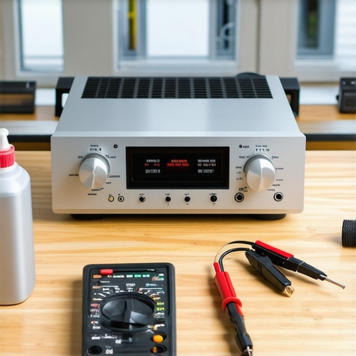 Essential Audio Maintenance Tools A vintage receiver and multimeter on a workbench for audio repair and maintenance.