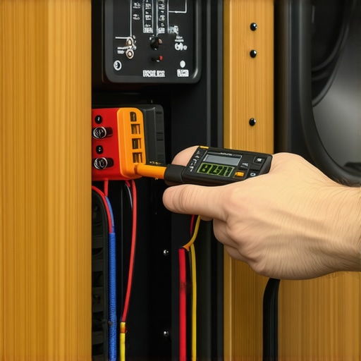 Technician testing speaker polarity with a 9V battery and tools