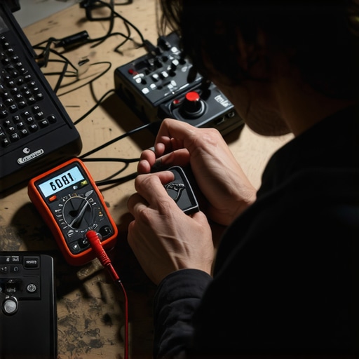 Essential Audio Maintenance Tools A technician using a multimeter and contact cleaner on a high-end audio amplifier