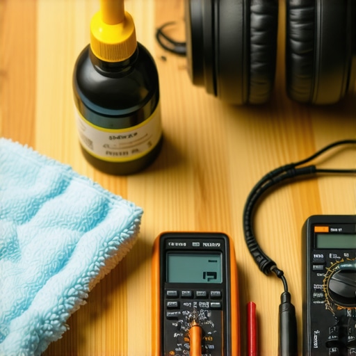 A variety of cleaning and testing tools used for maintaining high-end audio equipment like headphones and receivers.