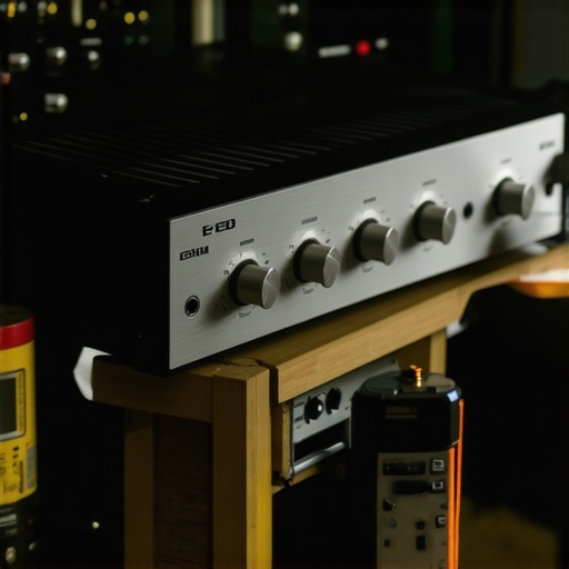 An amplifier being cleaned with contact cleaner and measured by a multimeter on a workbench.