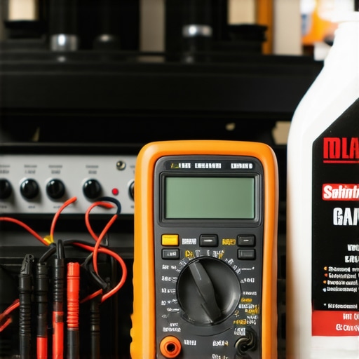 Using a digital multimeter to test speaker wire connections for maintenance.