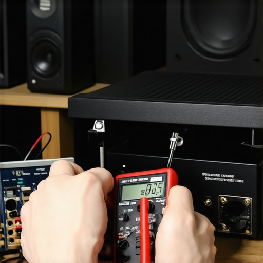A technician cleaning and testing audio amplifier components for maintenance.