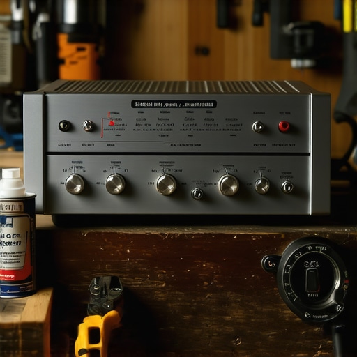 Essential Audio Maintenance Tools on Workbench Close up of vintage amplifier and tools for maintenance including contact cleaner and multimeter.