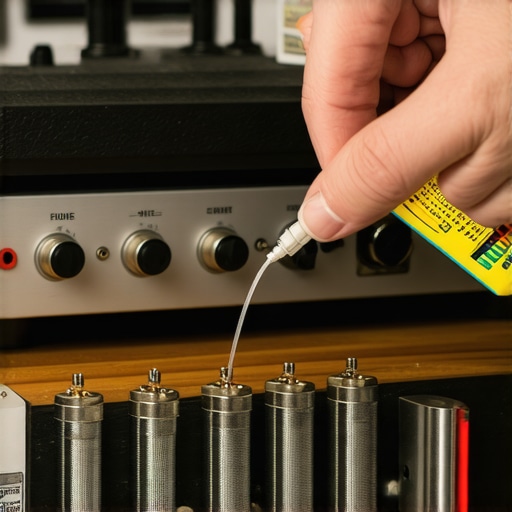 A person cleaning high-end audio connectors with specialized contact cleaner spray.