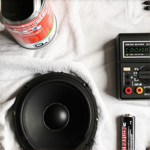 Professional speaker repair tools and equipment on a workbench including a multimeter and contact cleaner.