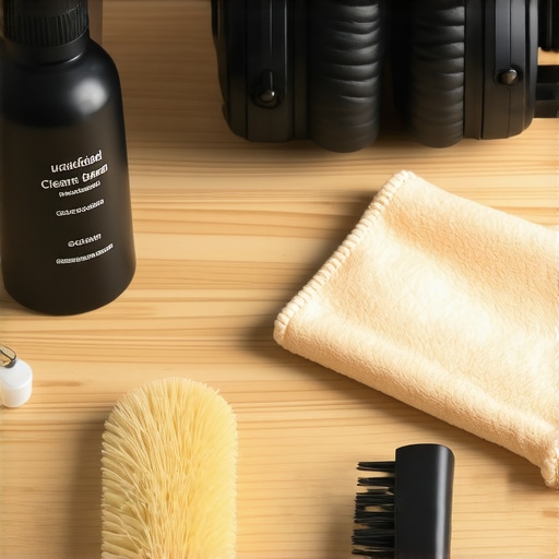 Essential Audiophile Maintenance Kit Cleaning tools for headphones and amplifiers on a wooden desk