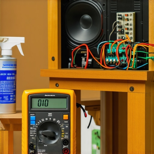Essential DIY Audio Maintenance Tools A multimeter and contact cleaner being used to maintain a DIY speaker cabinet.
