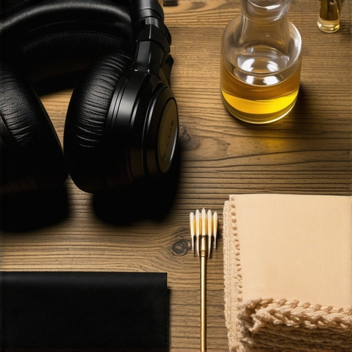 Headphone cleaning kit with brush, alcohol, and toothpicks on a desk next to premium headphones