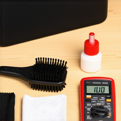 Close up of cleaning tools and multimeter for home audio maintenance
