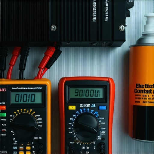 A digital multimeter and contact cleaner next to a car audio amplifier showing proper maintenance tools.