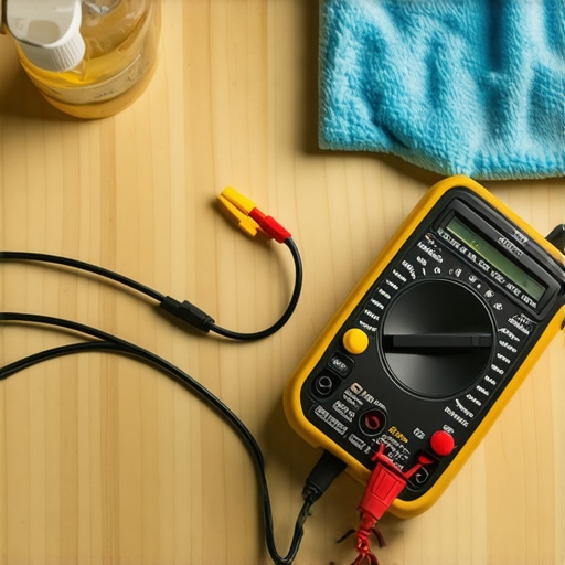 A person using a multimeter and cleaning supplies to maintain high-end audio equipment.