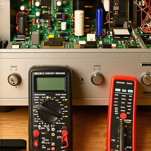 Digital multimeter and infrared thermometer next to an open vintage amplifier