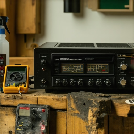 Multimeter and cleaning supplies on a workbench next to a vintage amplifier.