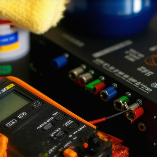 A digital multimeter and contact cleaner being used to maintain a home audio amplifier.