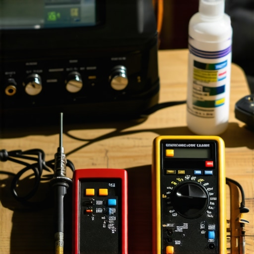 A precision soldering iron and digital multimeter on a workbench for repairing audio equipment.